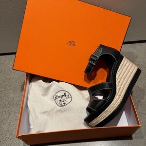 Hermes Black and Tan Platform Sandals